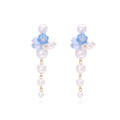 Long beaded earrings with light blue flowers and white imitation pearls on a white base - Mixed Blue