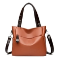Brown contrast large capacity shoulder bag in premium lychee pattern leather - Brown