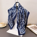 Navy blue paisley silk scarf for women featuring elegant white floral patterns - Navy Blue (FG87-3)