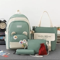 Set zaino scolastico da 5 pezzi in verde morandi e beige con spille a cartone animato - Con Ciondolo a Orso / Verde
