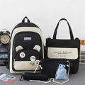 Set zaino scuola 5 pezzi bianco e nero con borsa in tela e badge colorati - Con Ciondolo a Orso / Nero