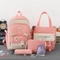 Set zaino rosa da 5 pezzi per studenti con borsa scuola capiente e pochette extra - Con Ciondolo a Orso / Rosa