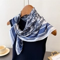 Close-up of blue and white paisley silk scarf with elegant geometric patterns and prints - One Size (66-70cm) / Navy Blue (FG88-3)