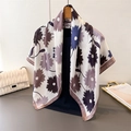 Detail of floral silk scarf with purple and blue patterns draped over a wooden hanger - Navy Blue (FM313-2) / 90x90cm