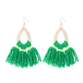 Bohemian handmade rattan drop earrings with vibrant green cotton tassels on white background - Green