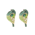 Cute bird stud earrings with green rhinestones, enamel sparrow design and gold plating - Green