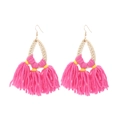 Bohemian rattan woven earrings with vibrant pink fringe tassels and yellow thread accents - Hot Pink