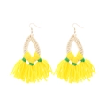 Bohemian rattan woven earrings with bright yellow tassels and gold metal hooks - Yellow