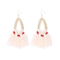 Ethnic handmade rattan drop earrings with white tassels and red thread accents - Ivory