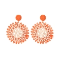 Close-up of handmade Bohemian raffia flower earrings with orange weave and wood beads - Orange Multi