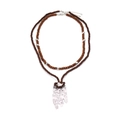 Bohemian multi-layer wooden bead necklace with irregular silver textured metal pendant - Silver