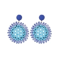 Handmade bohemian sunflower earrings with blue woven raffia and beaded floral texture - Blue