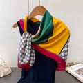Retro geometric satin silk scarf with colorful blocks and checkered border on hanger - FM250-2 Red Edge / 90*90cm