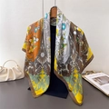 Retro bohemian four-leaf clover print silk scarf draped on a wooden hanger gracefully - 90x90cm / Brown (FM258-1)