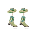 Western cowboy hat and boots drop earrings with green rhinestones and enamel on gold alloy - Green