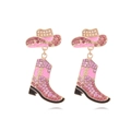 Pink western cowboy hat and boot earrings with colorful rhinestones and gold alloy frame - Pink
