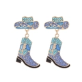 Western cowboy hat and boots drop earrings with blue crystals and enamel finish - Blue