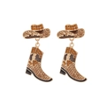 Gold Western cowboy hat and boot drop earrings with amber crystals and enamel details - Brown