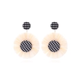 Handmade raffia flower earrings with black and white houndstooth pattern fabric detail - White