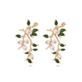 Pendientes vintage de rama dorada con hojas de esmalte verde y perlas blancas en blanco - Colorido