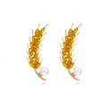 Elegant gold wheat leaf earrings with marquise yellow crystals and white pearls for women - Gold