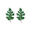 Elegant gold leaf earrings with green enamel coating and white rhinestone accents - Green