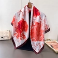 Elegant floral imitation silk scarf with red and orange blossoms on white base - 90x90cm / Red