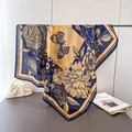 Navy and orange silk scarf with butterfly floral print hanging in a stylish setting - FM289-2 Navy Blue / 90*90cm