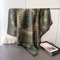 Green and orange mandala satin silk square scarf draped elegantly on a display stand - 90*90cm / Green (FM236-1)