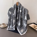 Detail of silk-satin square scarf with black and white geometric lines on a hanger - 90*90cm / White (FM242-1)