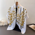 Elegant white satin silk scarf with yellow rose and vintage chain patterns for women - 90*90cm / White (FM245-1)