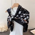 Elegant black satin scarf with white camellia flowers, dots, and gold chain print for women - 90*90cm / Black (FM245-2)