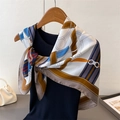 Equestrian print satin silk square scarf with belt motifs worn on black top - 90*90cm / Brown