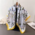 Elegant floral silk square scarf with pink roses and yellow borders on a wooden hanger - 90x90cm / Satin / Yellow