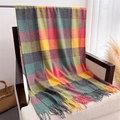 Close-up of thick checkered scarf texture with handmade tassels on a leather chair - Red Yellow Green Plaid (WT238-1)