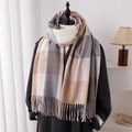 Close-up of multicolor plaid shawl with handmade tassels and thick cashmere-like texture - Light Brown Earth Tone Plaid (WT238-2)