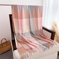 Detail of colorful plaid cashmere shawl with soft fringe texture on white chair - Light Pink Beige Plaid (WT238-3)