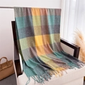 Macro view of multi-color plaid scarf with soft tassels on a white armchair - Yellow Green Vintage Plaid (WT238-4)