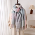 Detail of soft plaid scarf featuring pink and blue checks with elegant fringe trim - 200cmX64cm(Including Tassels) / Gray