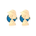 French retro gold plated earrings featuring abstract woman in blue enamel sun hat - Gold