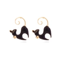 Cute black enamel cat stud earrings with gold bowknot detail and sleek polished finish - Black