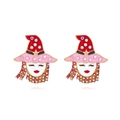 Whimsical witch head stud earrings with red hat and colorful rhinestones for women - Red