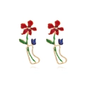 Orecchini a lobo floreali con fiori in smalto rosso e farfalla blu in lega dorata - Colorato