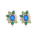 Boucles d'oreilles fleuries scintillantes avec cristaux bleus et verts dorés - Base Dorée Pierre Principale Bleue Pétales Verts / Vert