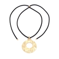 Pendentif cercle doré martelé moderne sur cordon réglable en cuir PU noir collier - Doré