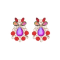 Bohemian style flower stud earrings with colorful crystals and faux pearls on gold base - Mixed Red