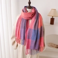 Detail of colorful plaid scarf with fringes showing soft texture and layered draping - 200cmX64cm(Including Tassels) / Pink