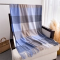 Detail of soft multi-color plaid scarf with fringes on an armchair in cozy light - 200cmX64cm(Including Tassels) / Blue