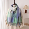 Écharpe à carreaux pour femme en maille cachemire avec franges en vert et bleu mélangé - Carreaux Frais Bleu Vert Blanc (WT238-9)