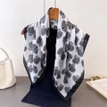 Elegant black and white shell print silk scarf with classic border hanging on hanger - 70x70cm / Black (FG83-2)